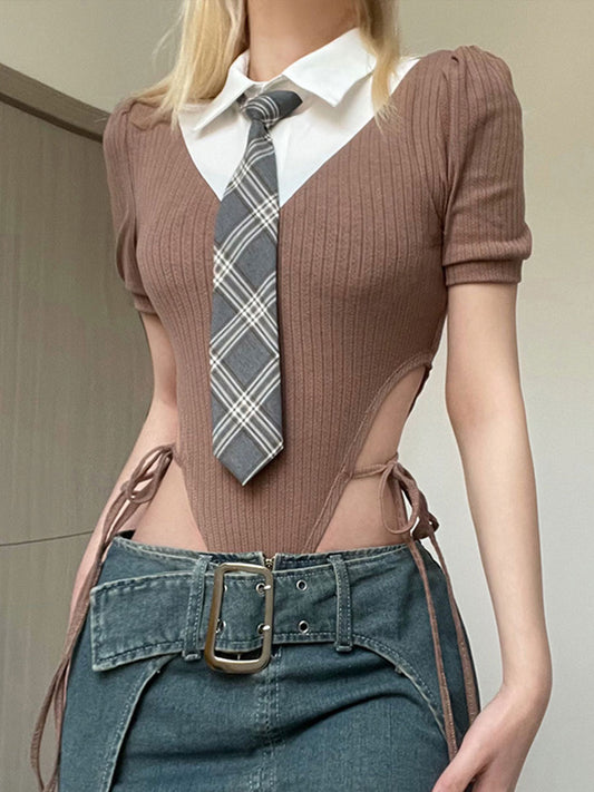 Fake Two-piece Onesie Top with Tie