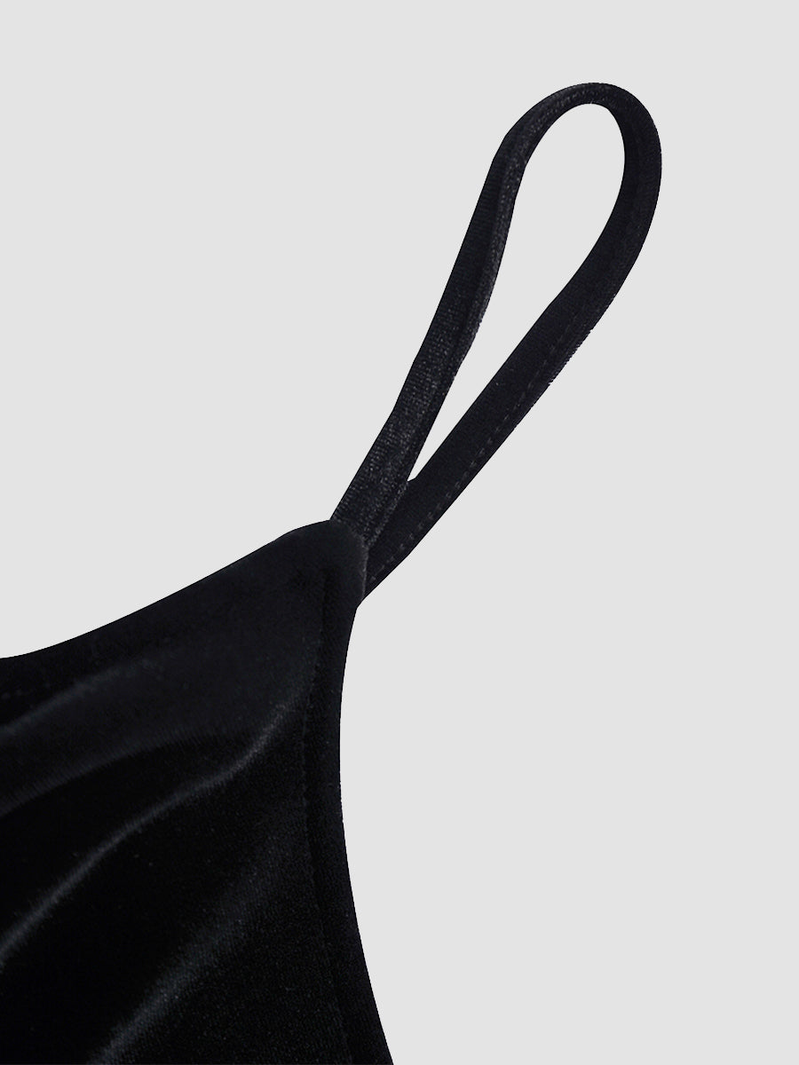 Velvet Pleated Cami Dress with Waist Chain