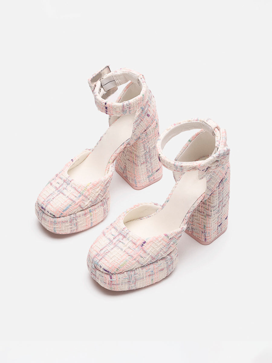 Knitted Ankle Strap Chunky Heeled Platform Pumps