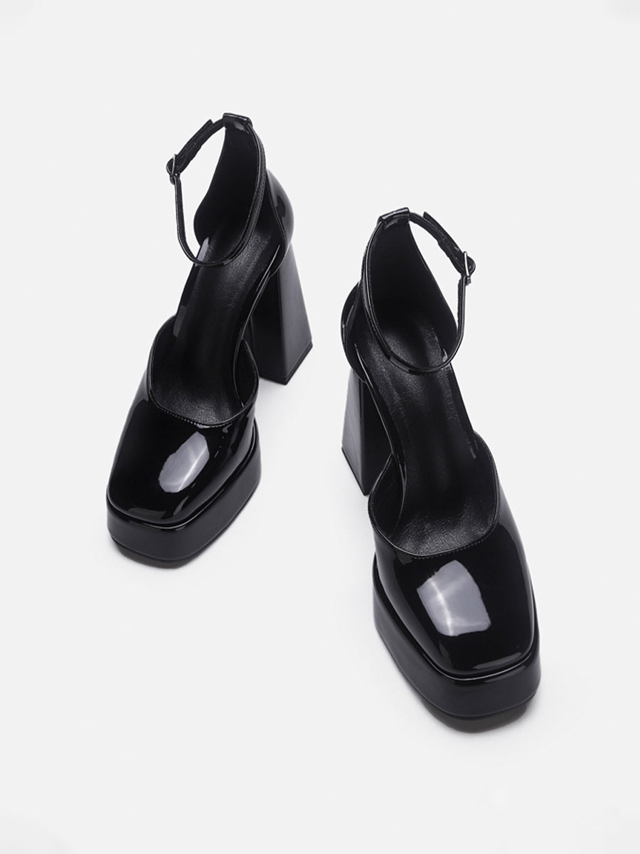 Solid Color Ankle Strap Chunky Heeled Platform Pumps