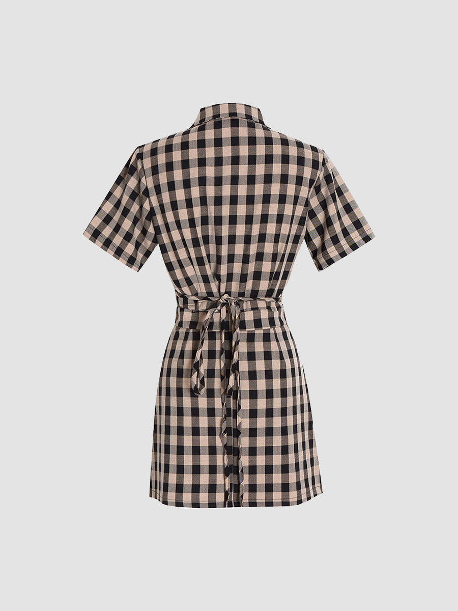 Coffee Checkered Shirt Top & A-line Skirt / Pleated Skirt Set
