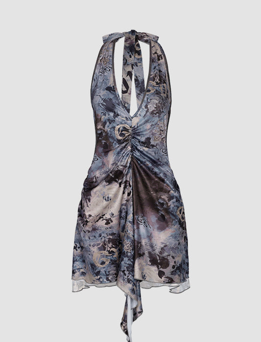 Floral Print Halter Drawstring Dress