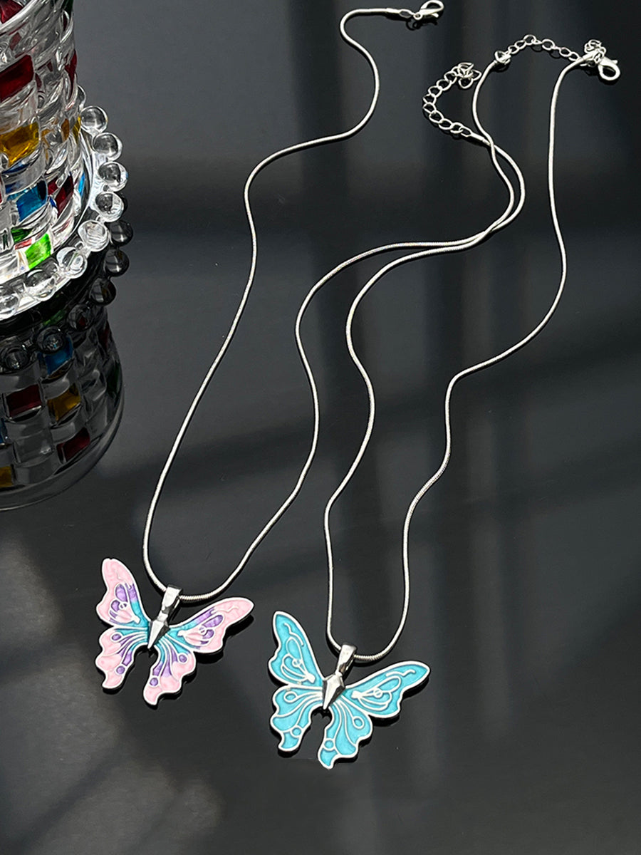 Vintage Blue Pink Butterfly Necklace