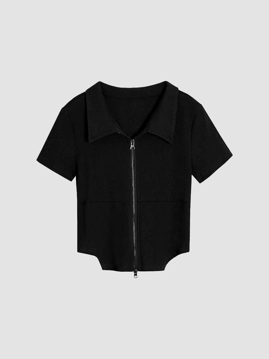 Kpop Short Sleeve Double Zipper Solid Color Top