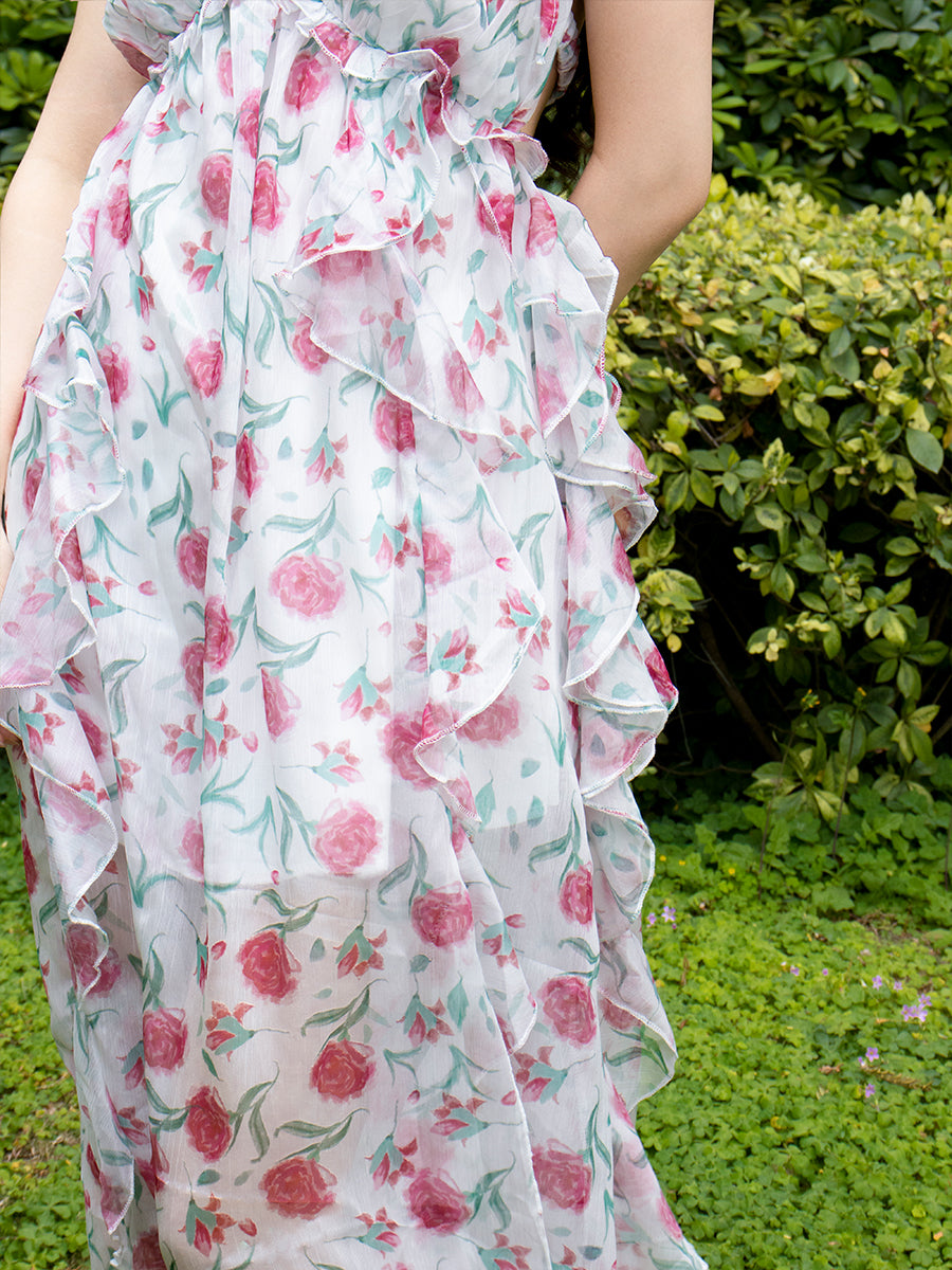 Floral Backless Irregular Midi Halter Dress