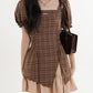 Curry Plaid Stitching Straps Bubble Sleeve Dress