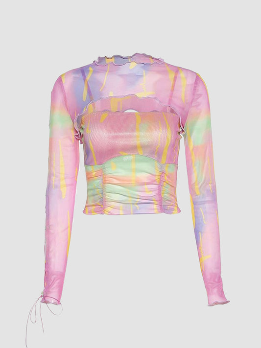Colorful Printed Mesh Cami Top + Irregular Blouse Two-piece Set