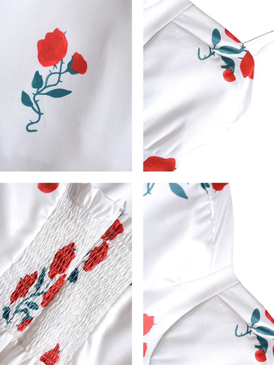 White&Red Vintage Rose Floral Dress