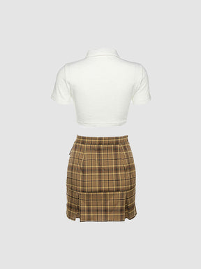 Summer Pure White Short Sleeves Top & Plaid Skirt & Tie Three Pieces Set
