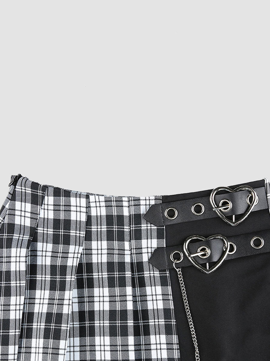 Plaid Leather Buckle Chain Patchwork A-line Skirt