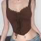 Brown Lace-up Slim Lace Top