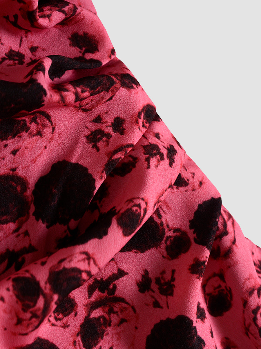 Floral Elegant Bubble Sleeve Rose Red Dress