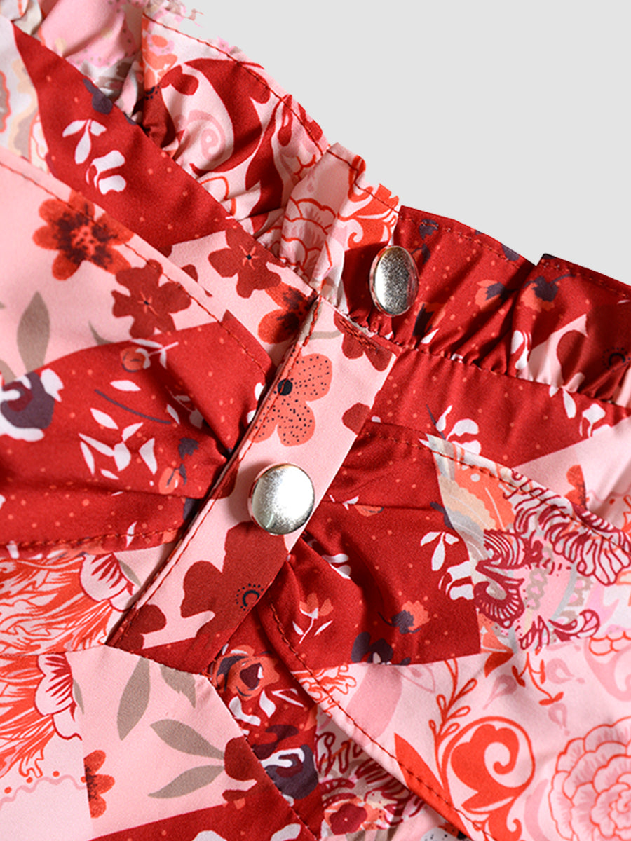 Sexy Double Hem Red Floral Halter Dress