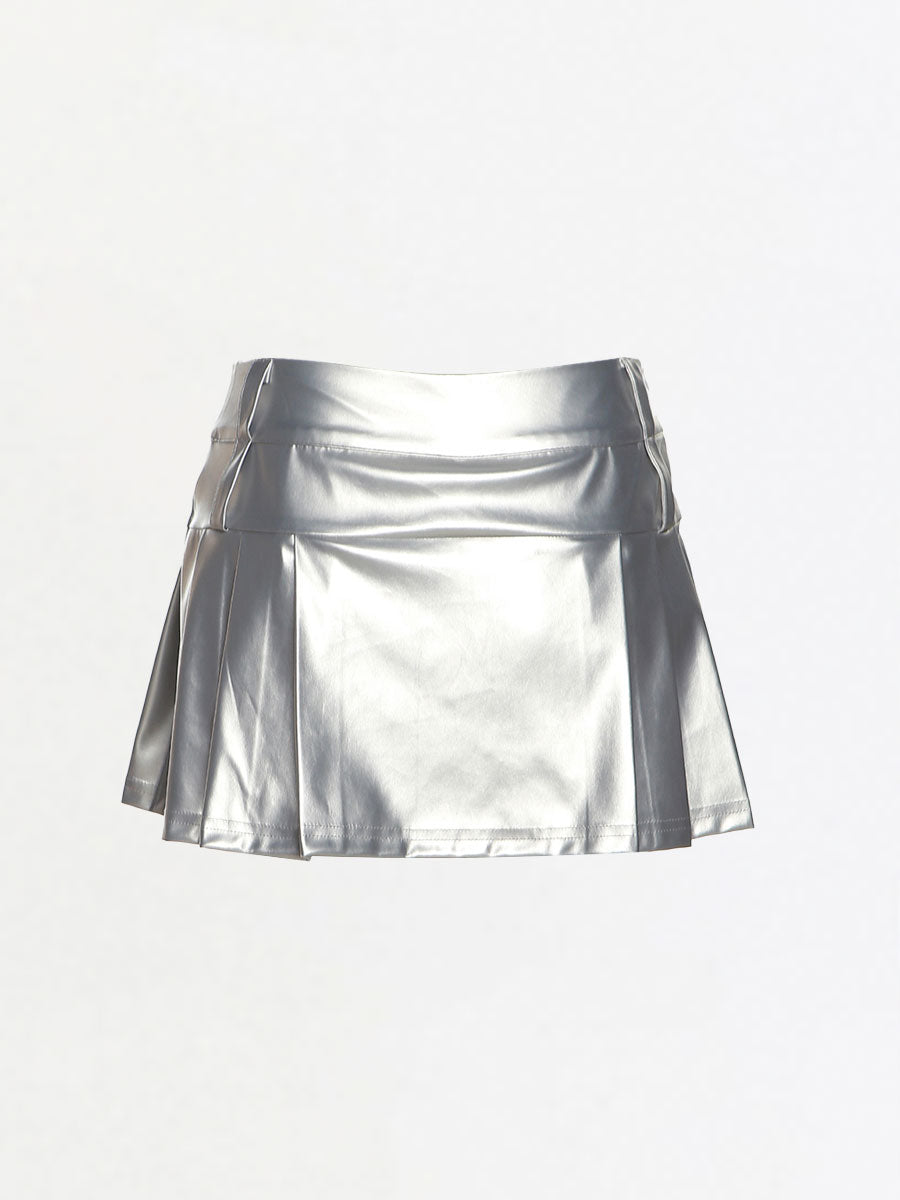 Silver PU Leather Pleated Skirt