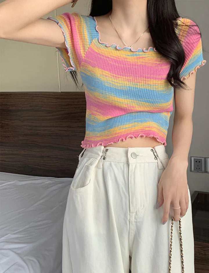Colorful Ruffle Ribbed Knit Top