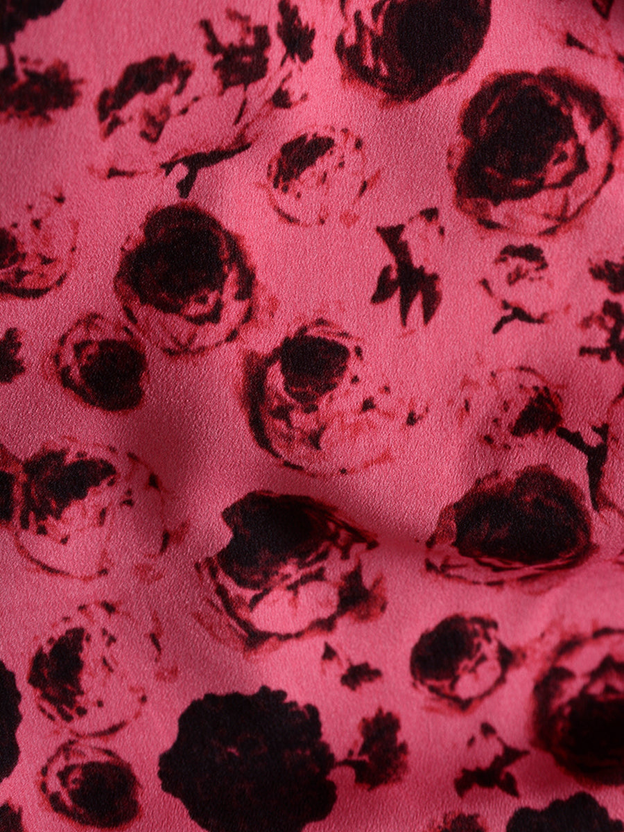 Floral Elegant Bubble Sleeve Rose Red Dress