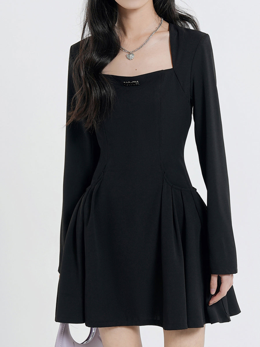 Black Square Collar Fluffy Dress