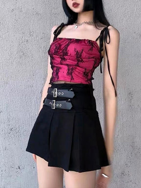 Leather Buckle Sexy Pleated Skirt
