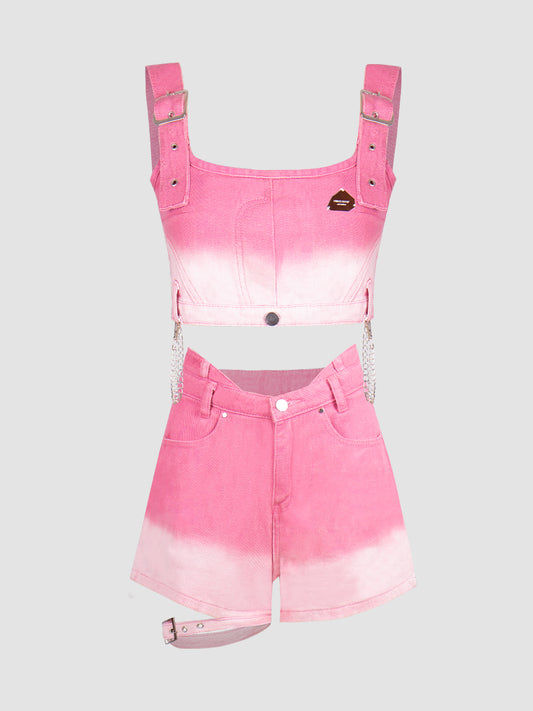 Pink Gradient Camisole + Denim Shorts Set
