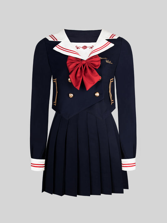 JK Uniform Badge Top + Pleated Skirt Set