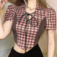 Patchwork Puff Sleeve Plaid Strap Top