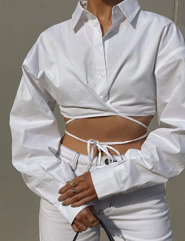 White Lace-up Shirt Crop Top