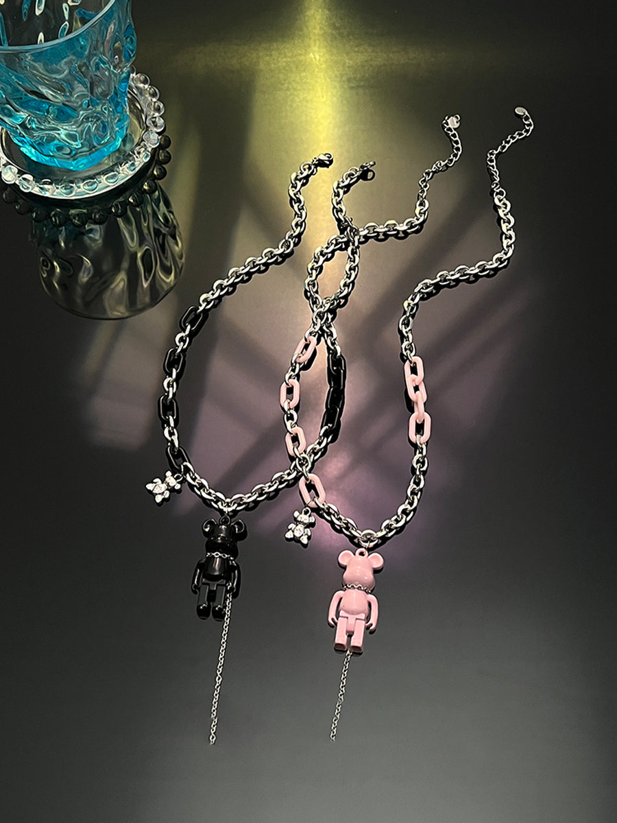 Black Pink Chain Bear Necklace