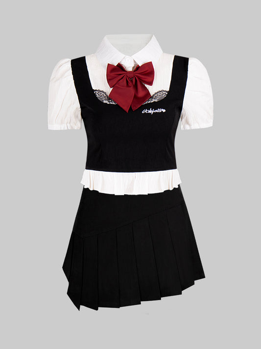 Black and White Top With Tie + Irregular Pleated Skirt Set