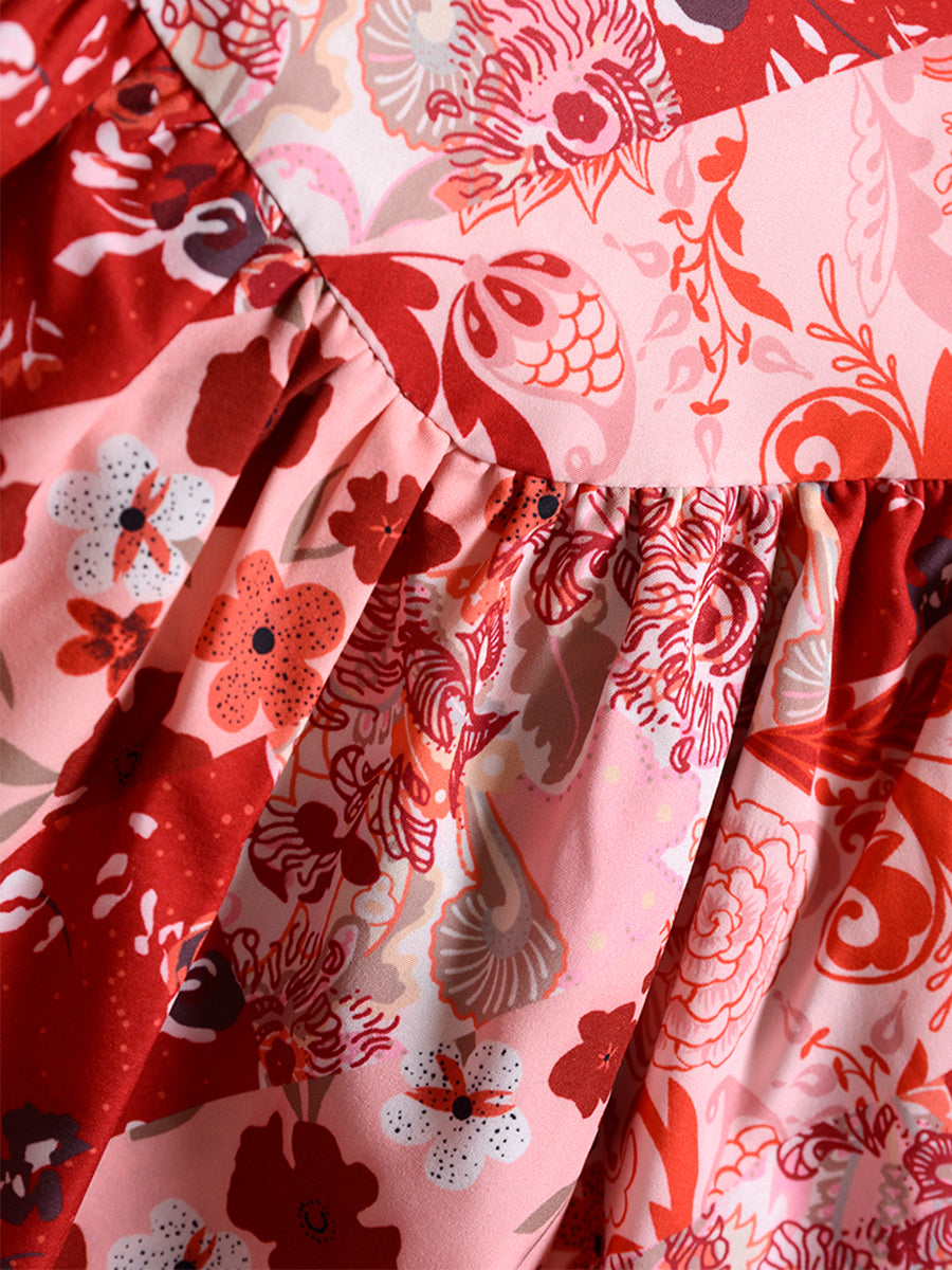 Sexy Double Hem Red Floral Halter Dress