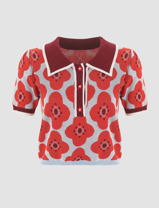 Red Floral Polo Crop Sweater