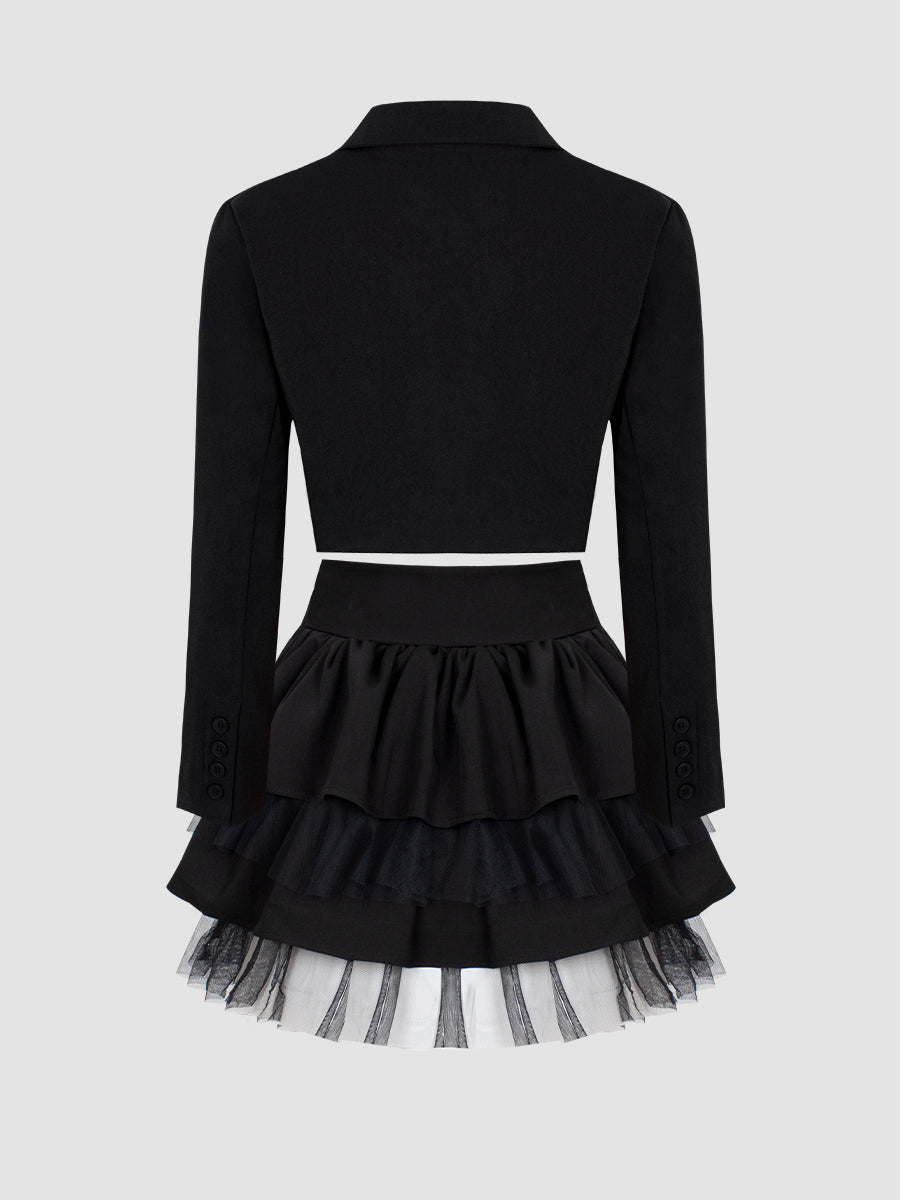 Black Blazer with Chain Belt + Puffy Skirt Set