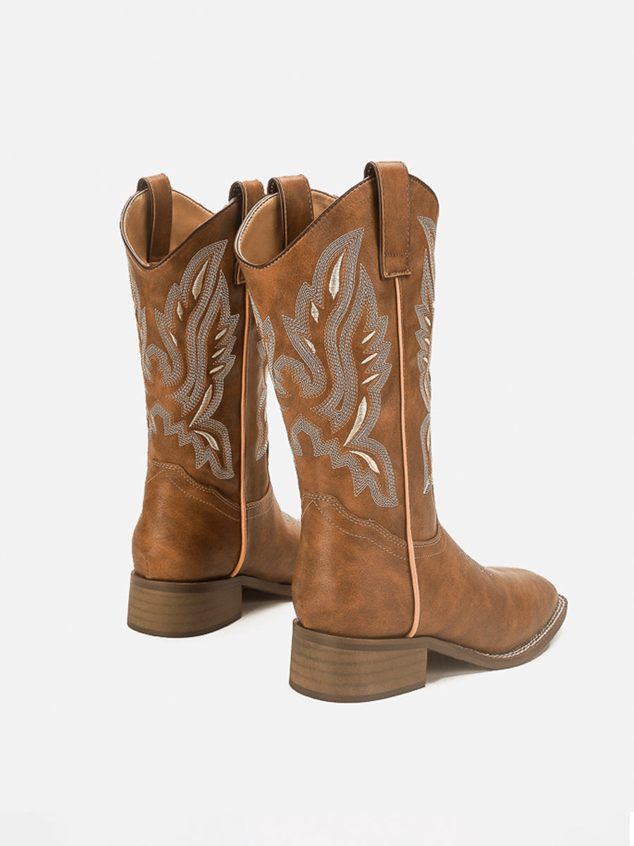 Brown Stitching Embroidered Butterfly Boots
