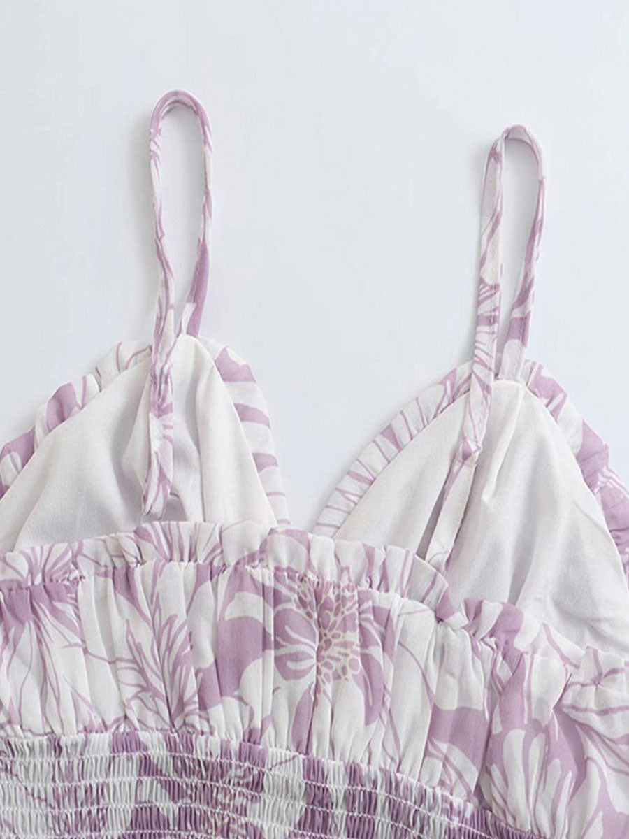 Retro Print Hollow Backless Halter Dress