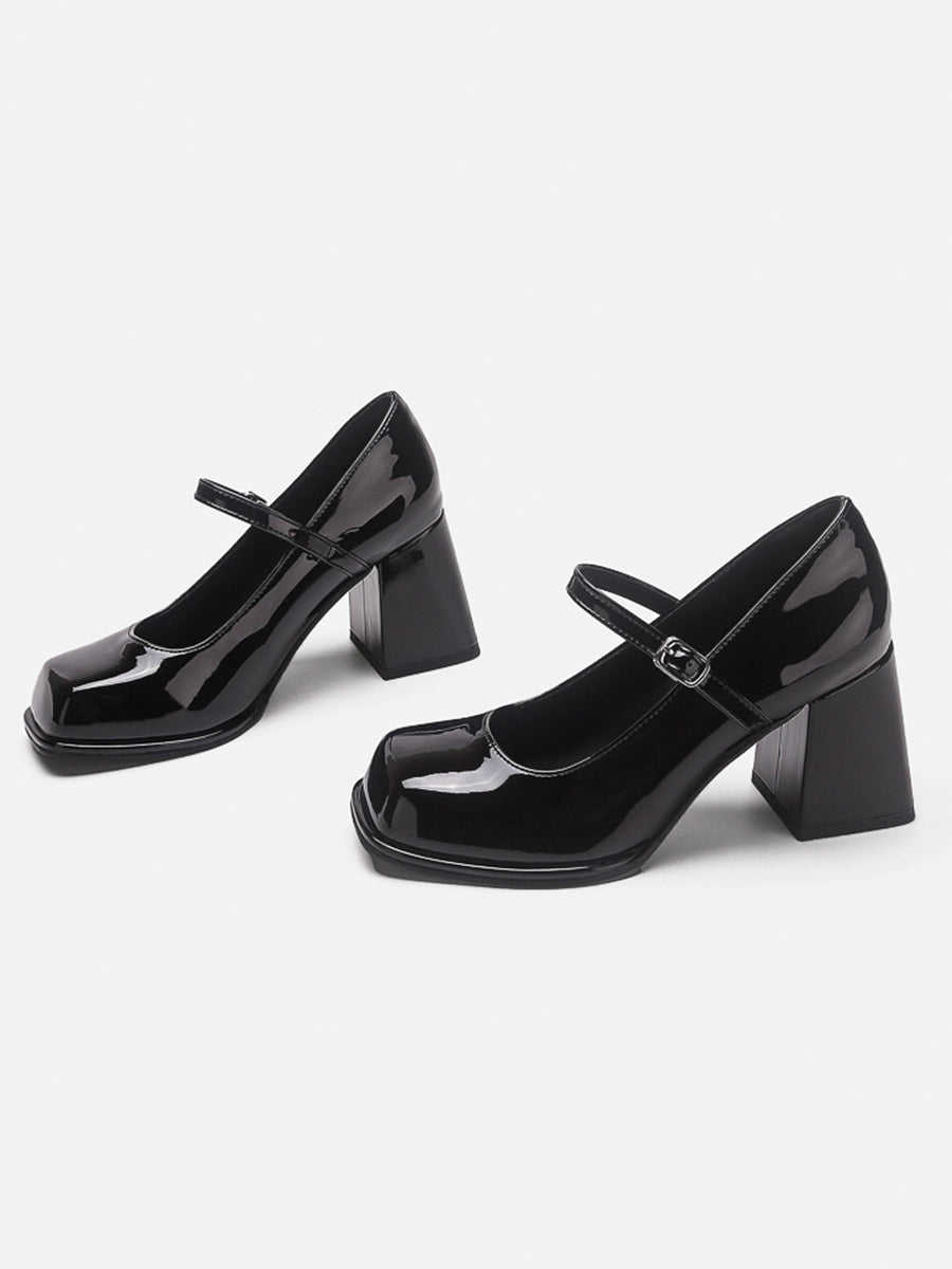 Solid Color Ankle Strap Chunky Heeled Platform Pumps
