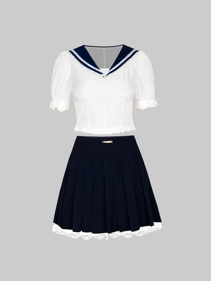 Navy Blue Bubble Sleeve Top&Pleated Skirt Set
