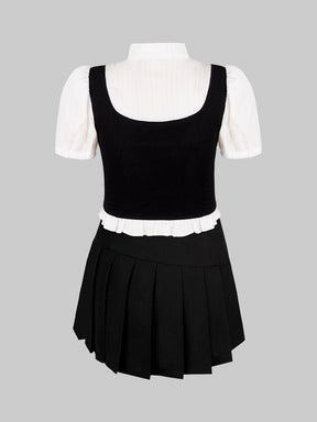 Black and White Top With Tie + Irregular Pleated Skirt Set