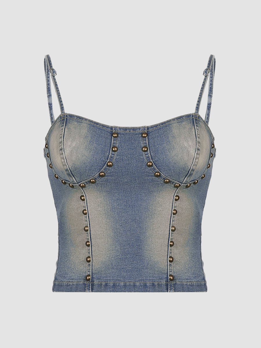 Denim Beaded Lace-up Top
