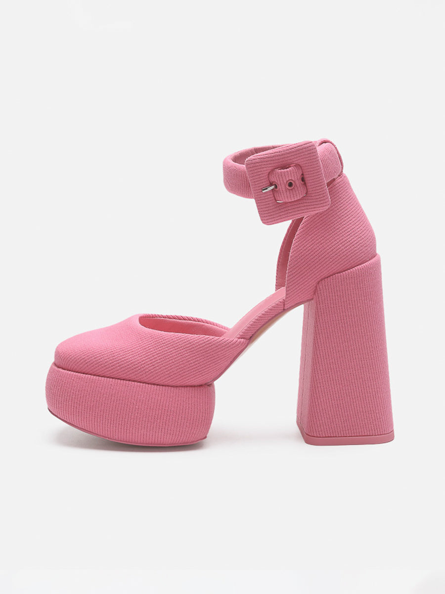 Knitted Ankle Strap Chunky Heeled Platform Pumps