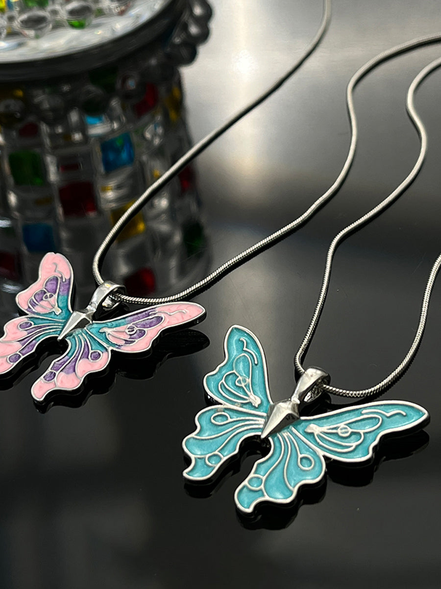 Vintage Blue Pink Butterfly Necklace
