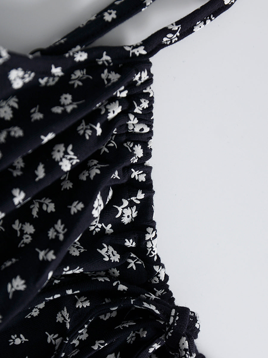 Gray Cotton Top + Floral Suspender Skirt Set