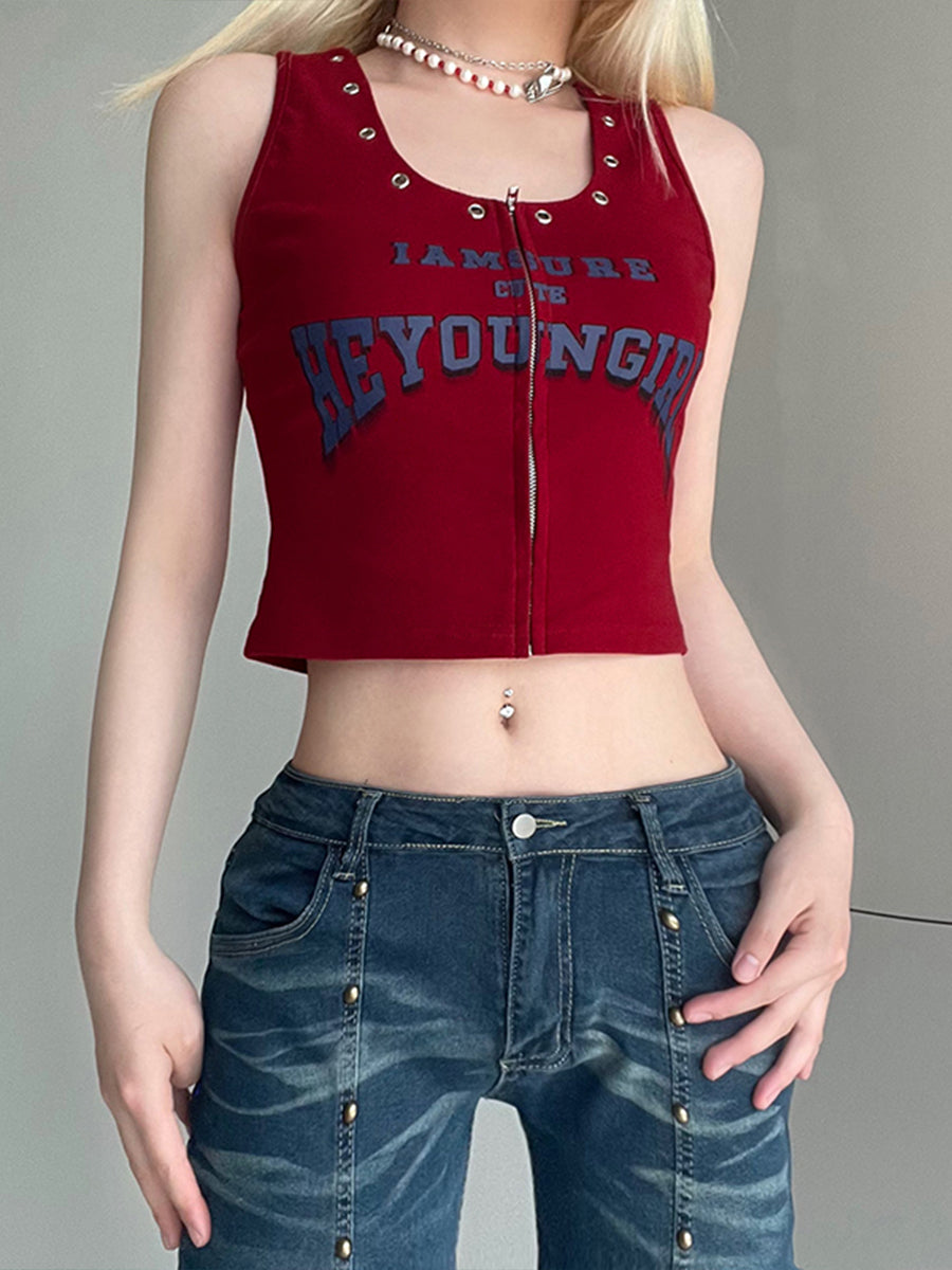 Vintage Letter Zipper Tank Top