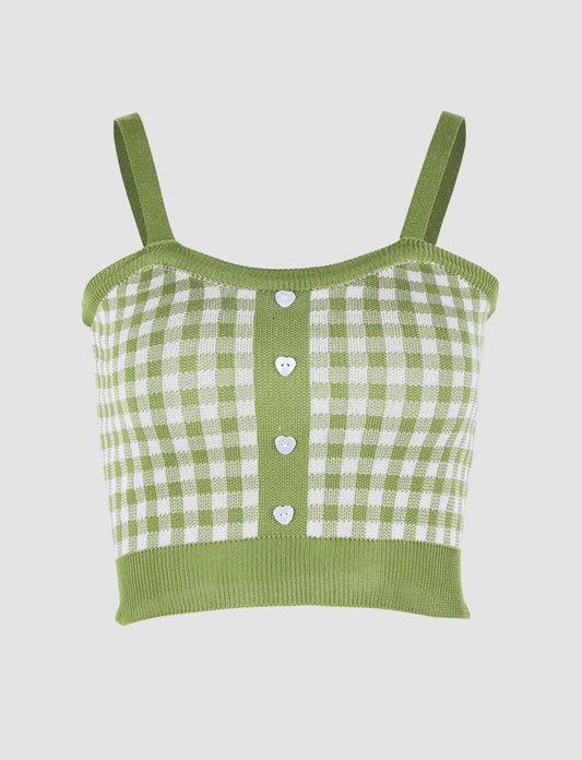 Green Plaid Heart Buttons Vest