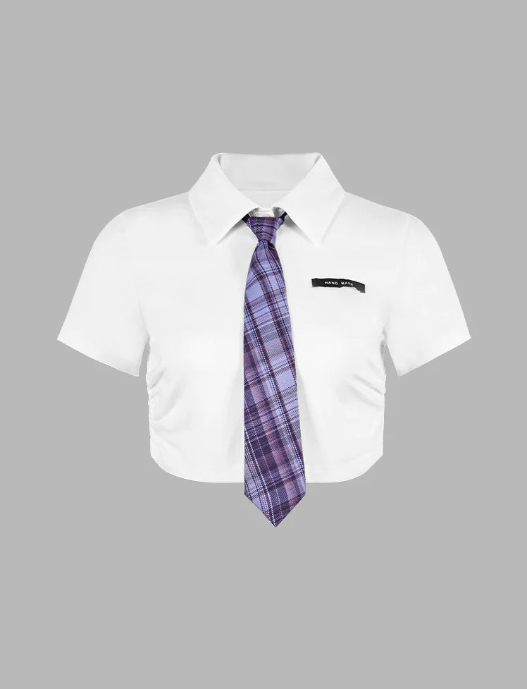 Collar Tie Short Sleeve Shirt Top