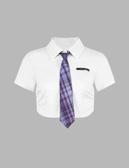 Collar Tie Short Sleeve Shirt Top