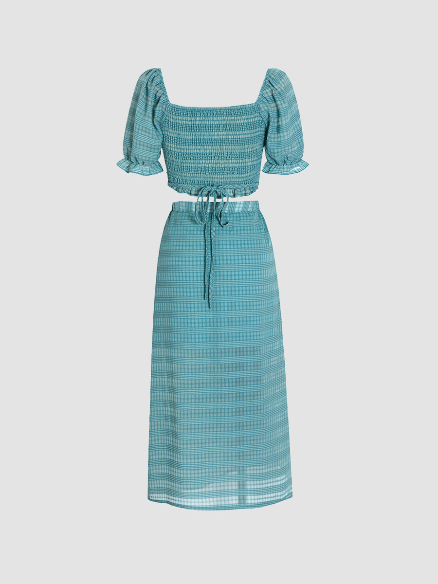 Green Chiffon Bubble Sleeve Top&Drawstring Midi Skirt Set