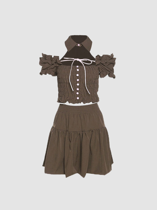 Retro Square Neck Short Bubble Sleeve Top&Pleated Skirt Set
