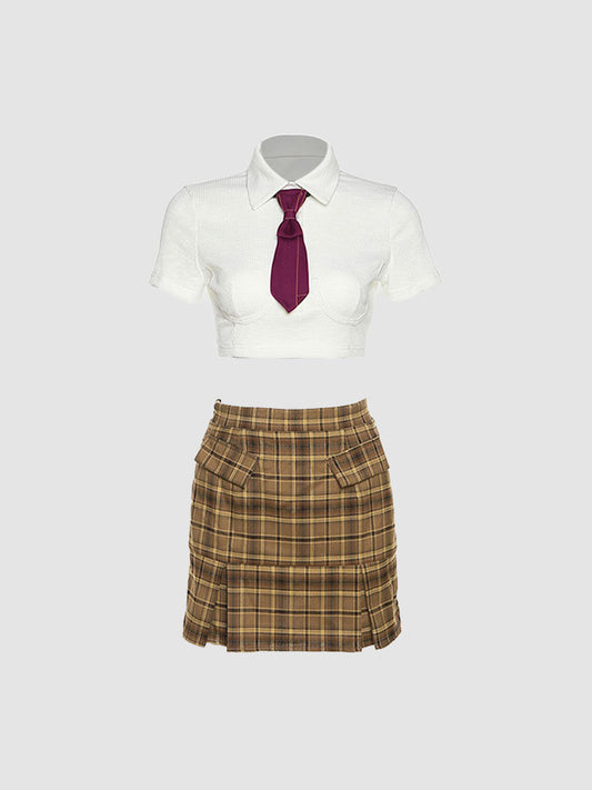 Summer Pure White Short Sleeves Top & Plaid Skirt & Tie Three Pieces Set