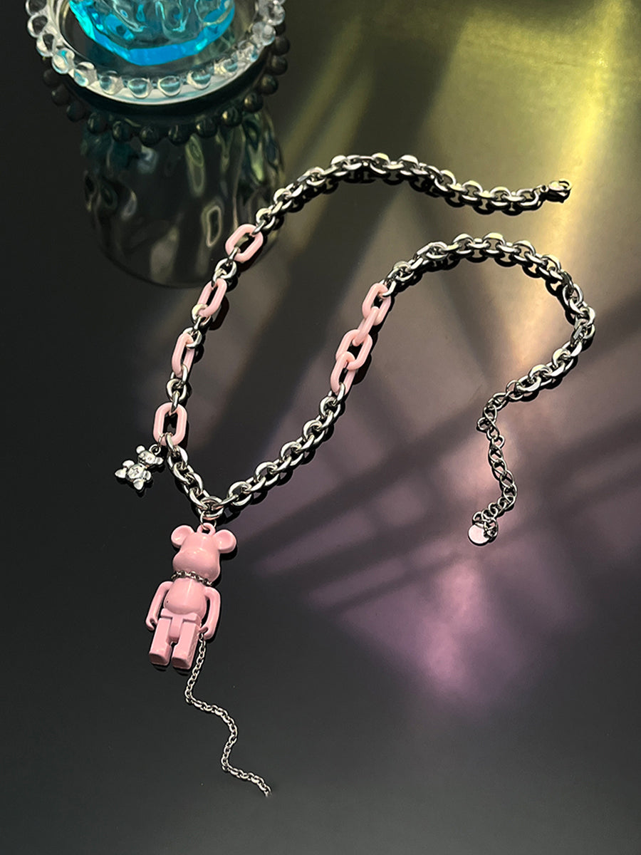 Black Pink Chain Bear Necklace
