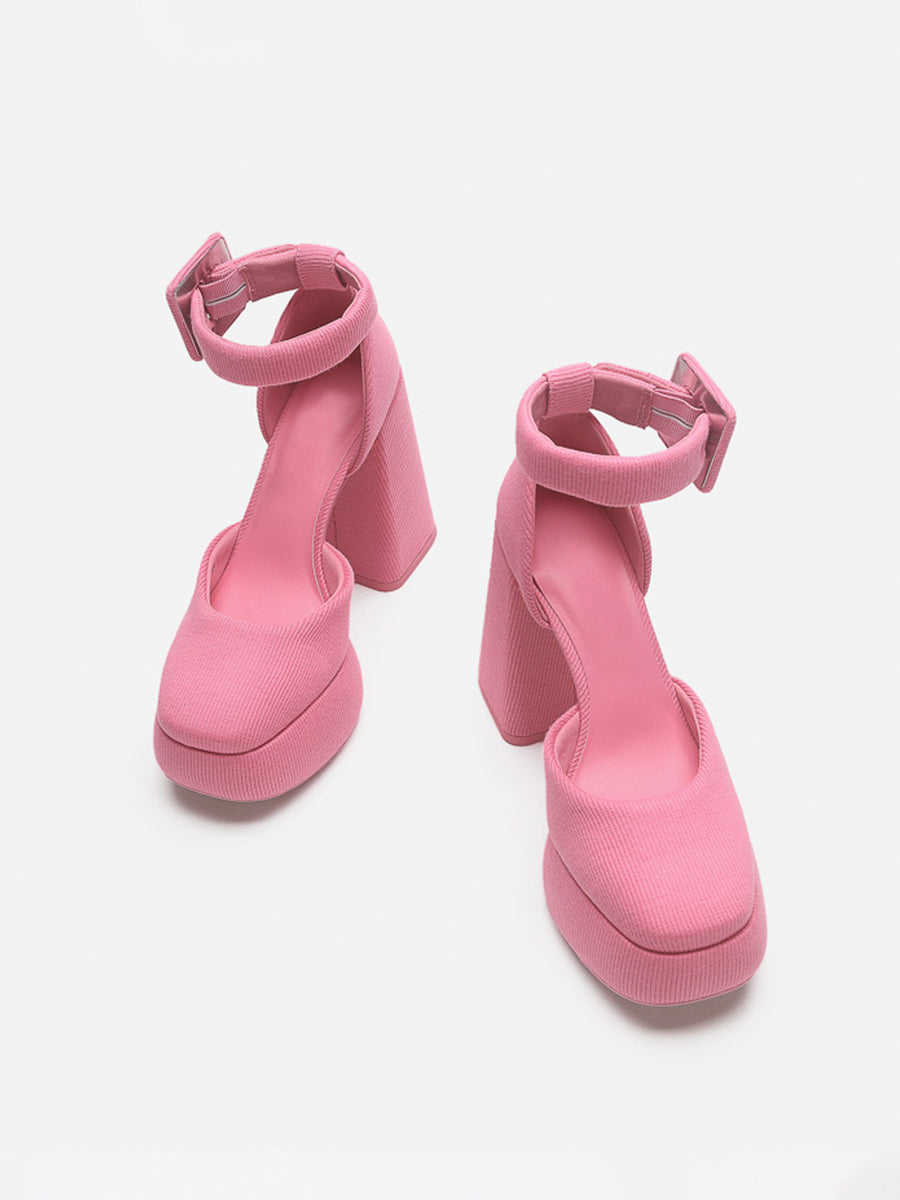 Knitted Ankle Strap Chunky Heeled Platform Pumps