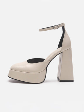 Solid Color Ankle Strap Chunky Heeled Platform Pumps